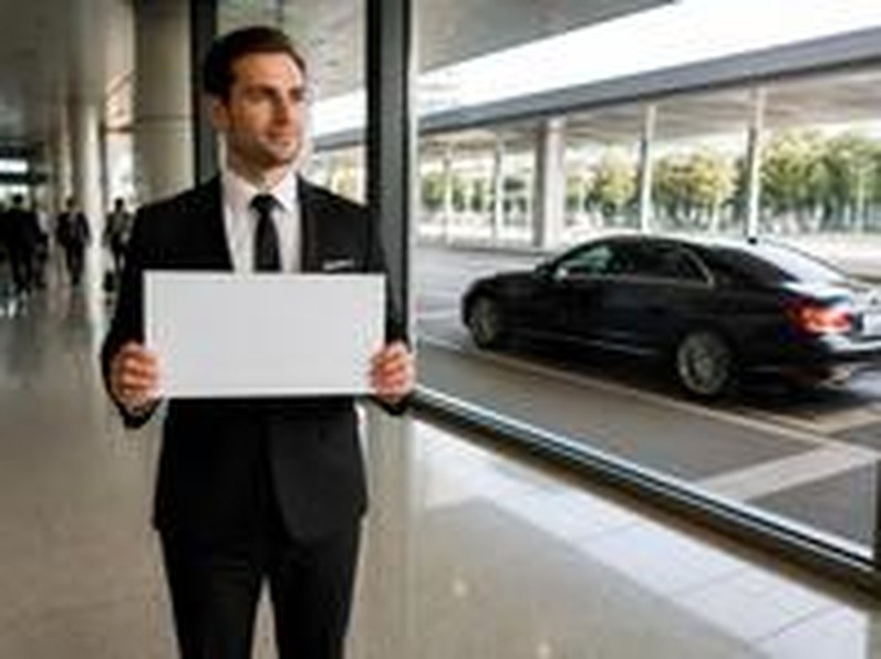 Chauffeur holding a greeting sign in an airport arrivals hall